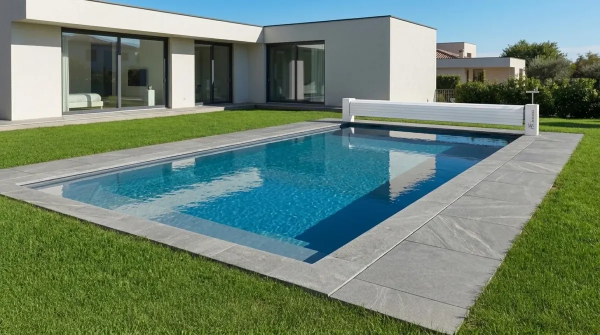 Modern villa bahçesinde Lotus Lite otomatik havuz kapatma sistemi — havuz açık, kapatma kutusu havuz başında